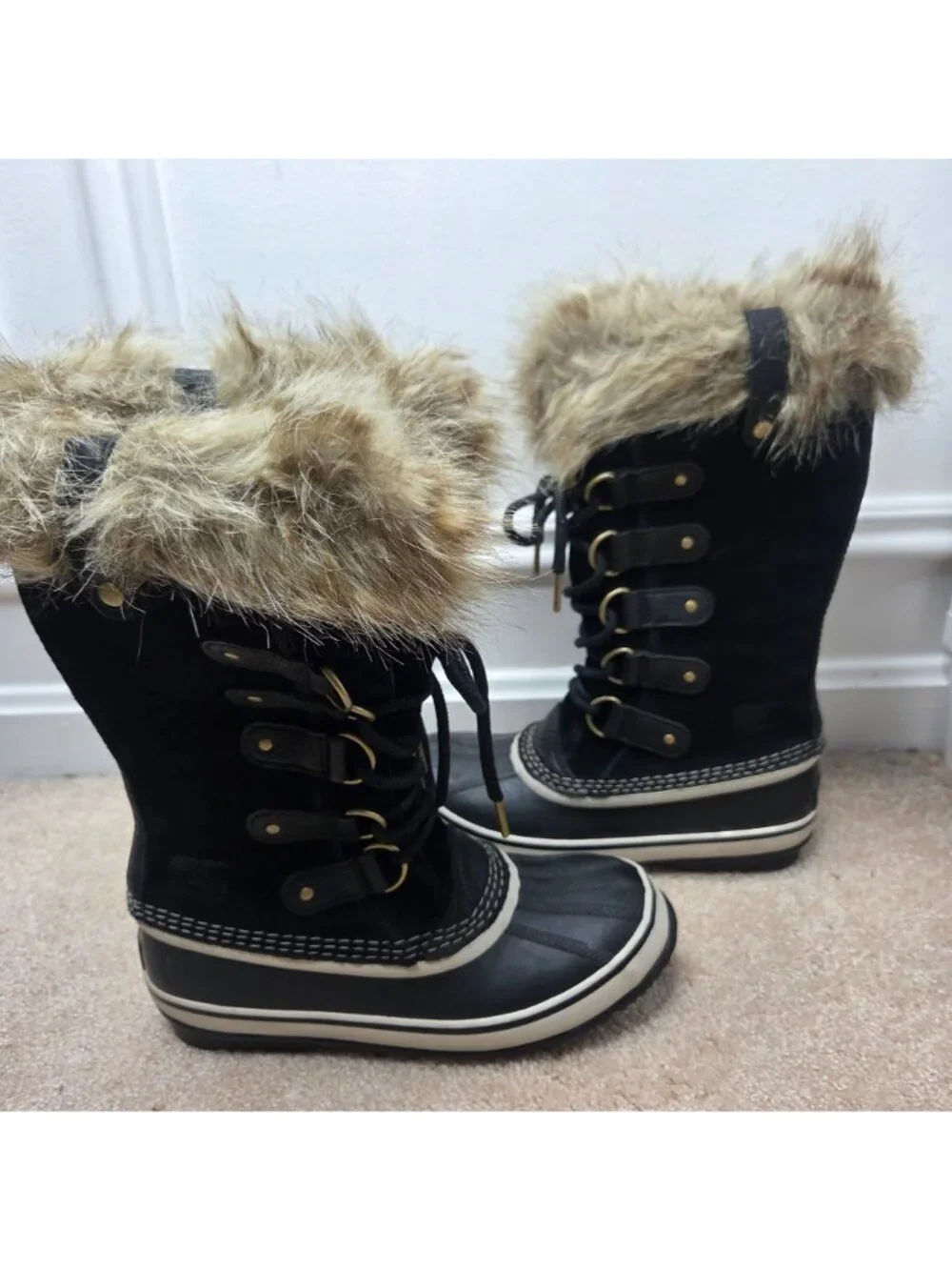 Sorel Joan of Arctic Black Suede Winter Snow Boots Tall Faux Fur Lined 7.5